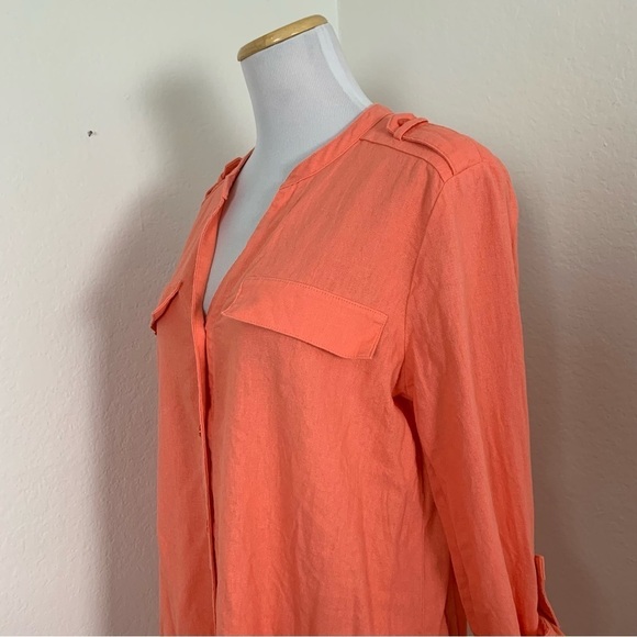 Calvin Klein Linen Blend Shirt Dress Women’s 10 Coral Roll Tab Sleeves Buttons - Picture 15 of 16